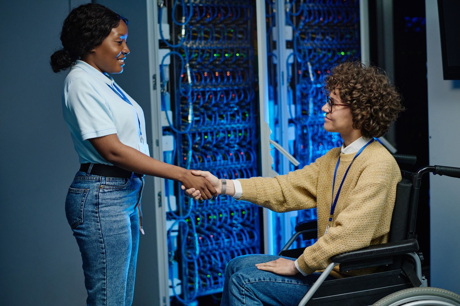 Client and technician in a data center